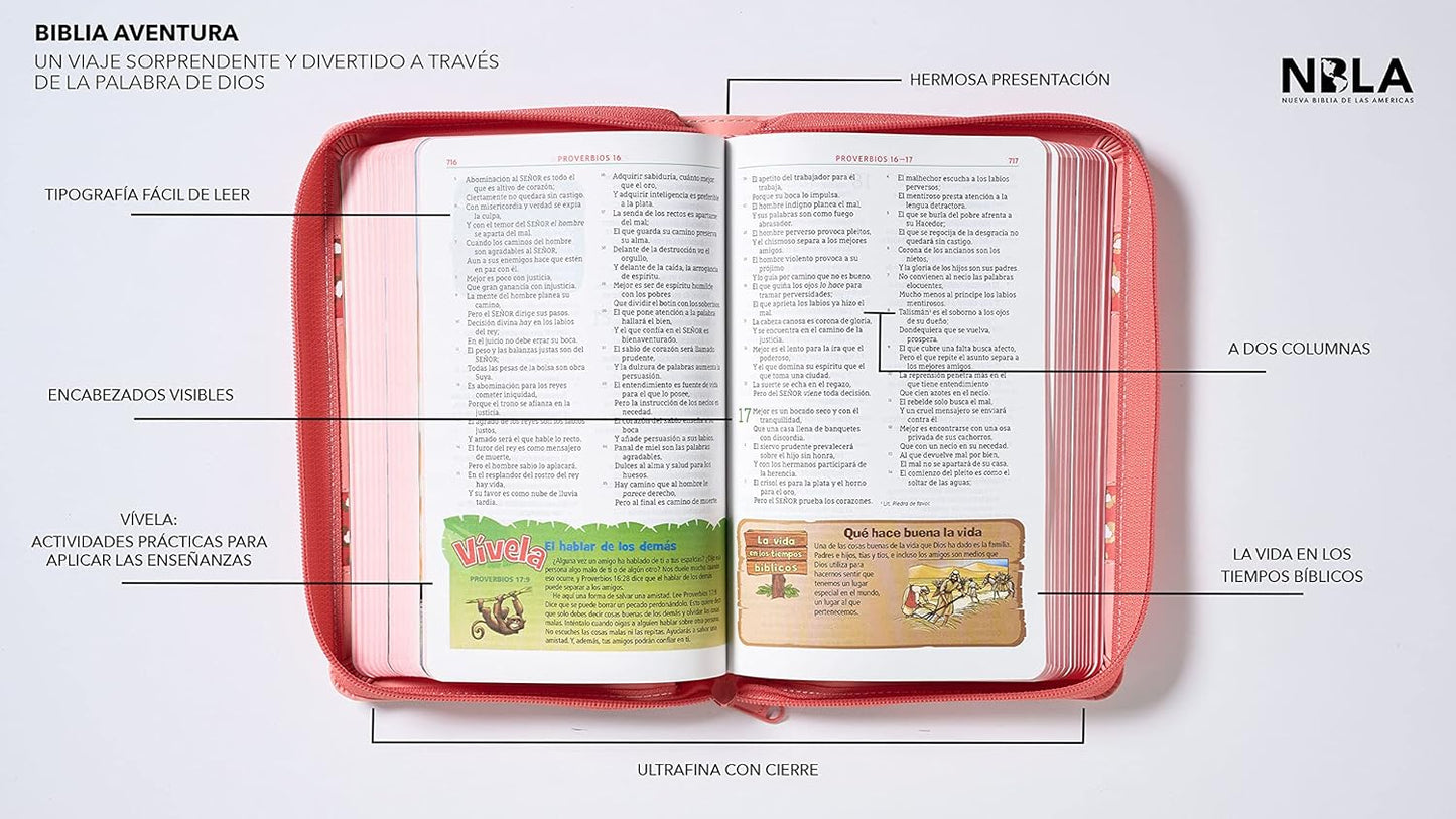 Biblia Aventura para Niñas NBLA Coral - Animal Print con Cierre