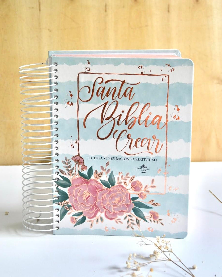 Biblia Reina Valera 1960 Crear – Espiral | Blanco / Azul / Flores | Diseñada para escribir, crear y vivir la Palabra