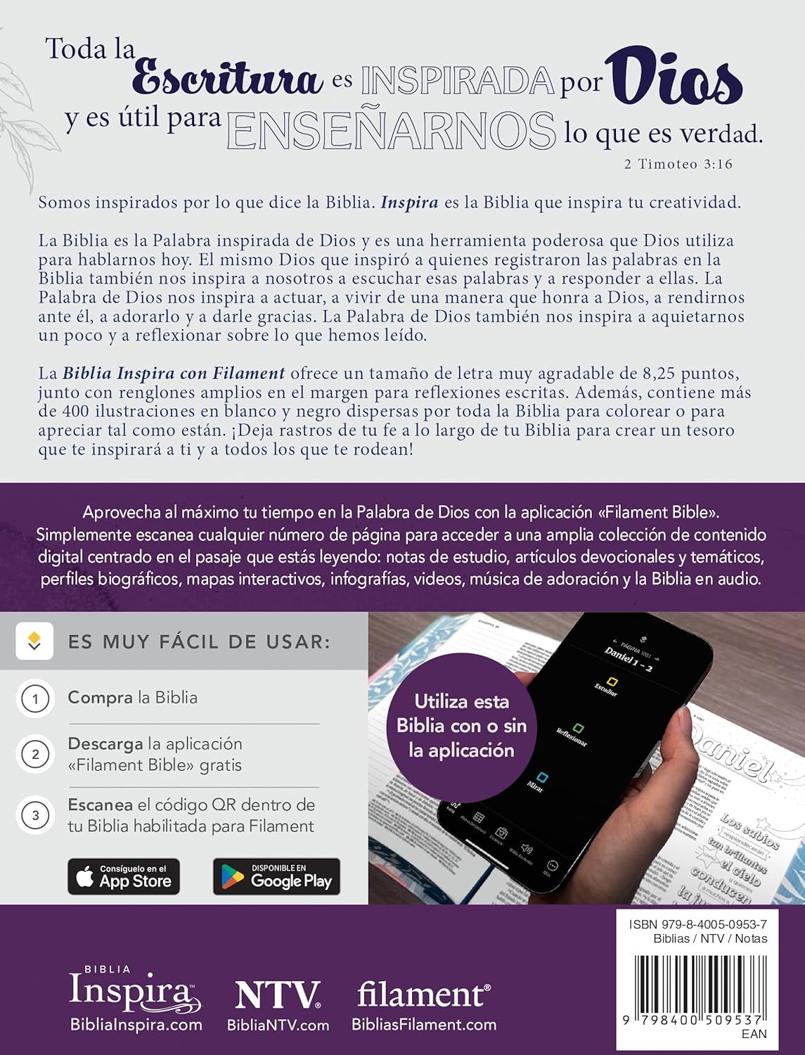 Biblia Inspira NTV con Filament | Tapa dura SentiPiel Lavanda