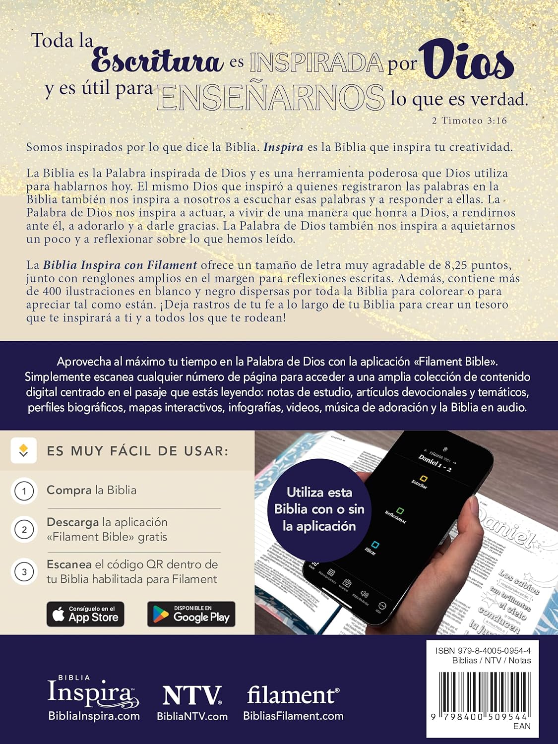 Biblia Inspira NTV con Filament | Tapa dura SentiPiel Oro