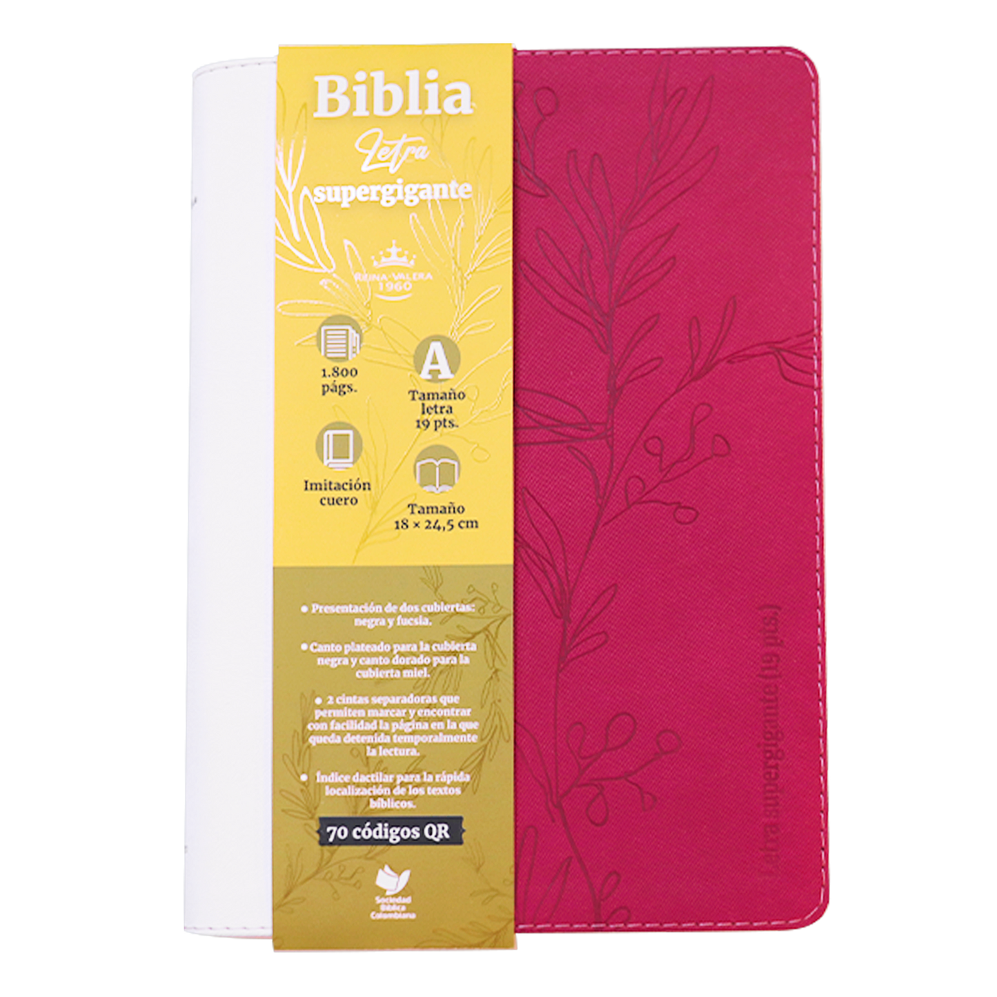 Biblia RVR Letra grande Color Fucsia y Blanco Con Ayudas Digitales